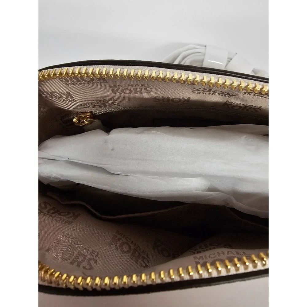 Michael Michael Kors Vanilla and Pale Gold Logo Print Leather Emmy Crossbody Bag